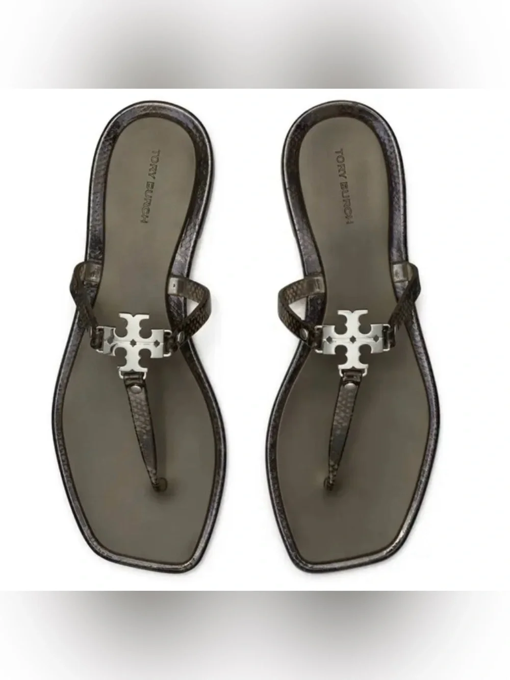 Tory Burch Roxanne Jelly Flip Flops Ash Brown Silver Logo Sandals Size 8 NWT
